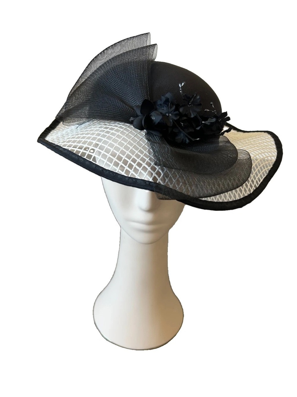 Vintage Black White Wide Brim Church Hat Floral Derby Wedding Made Taiwan